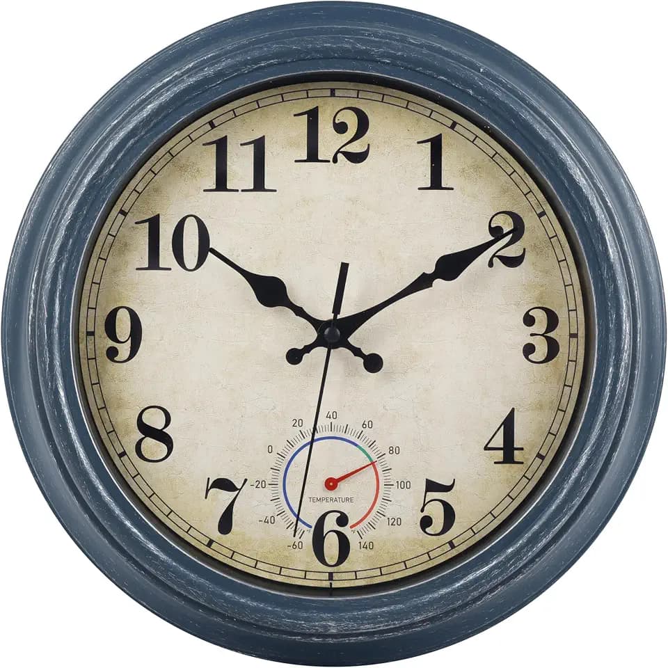 Outdoor Clocks Waterproof with Thermometer Rustic Coastal Wall Clock Decor for Patio Pool Garden(12 Inch,Blue)