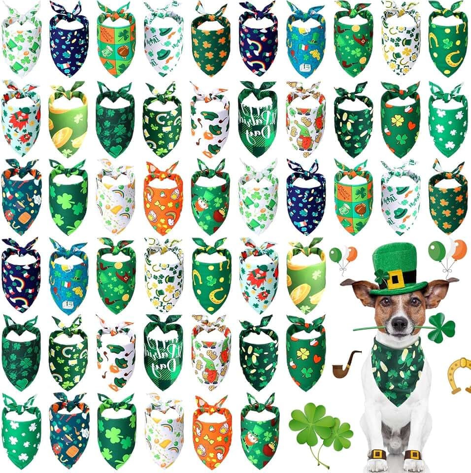 Sanwuta 50 Pieces St. Particks Dog Bandanas Bulk Bibs Triangle Dog Bandanas with Clover Patterns for St. Particks Pet Costume Decoration(25 x 17 x 17 Inch)