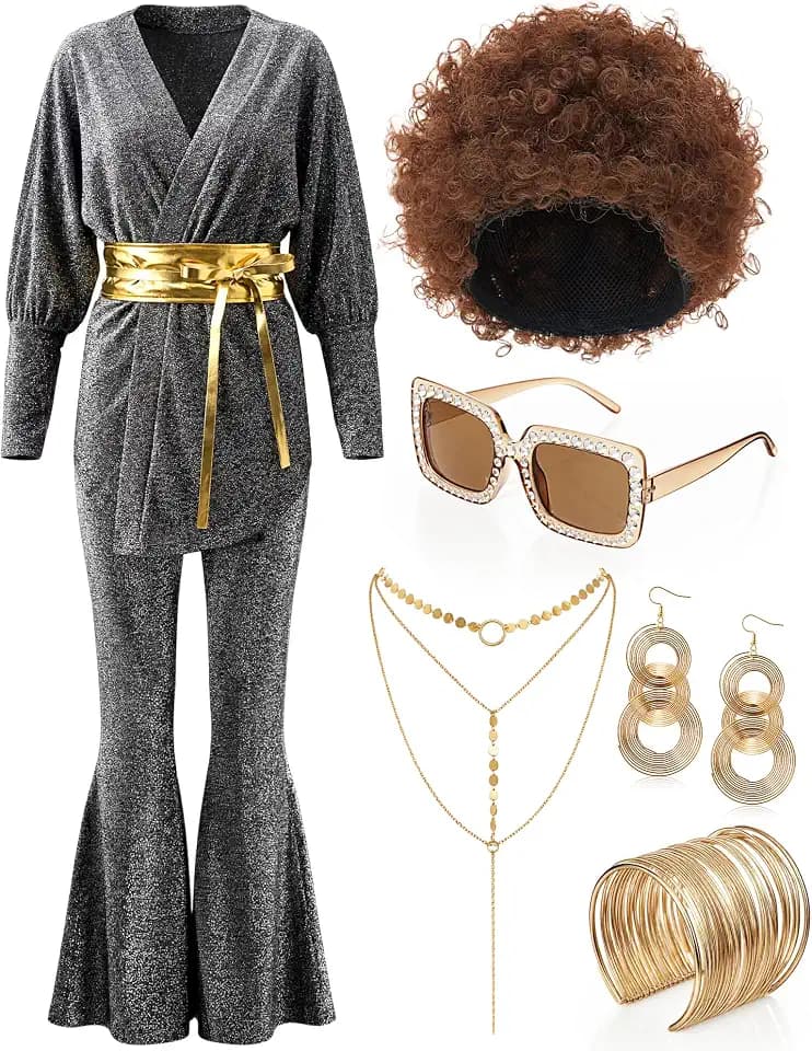 Gejoy Women 70s Disco Outfit Glitter Top Flare Pants Wig Accessories