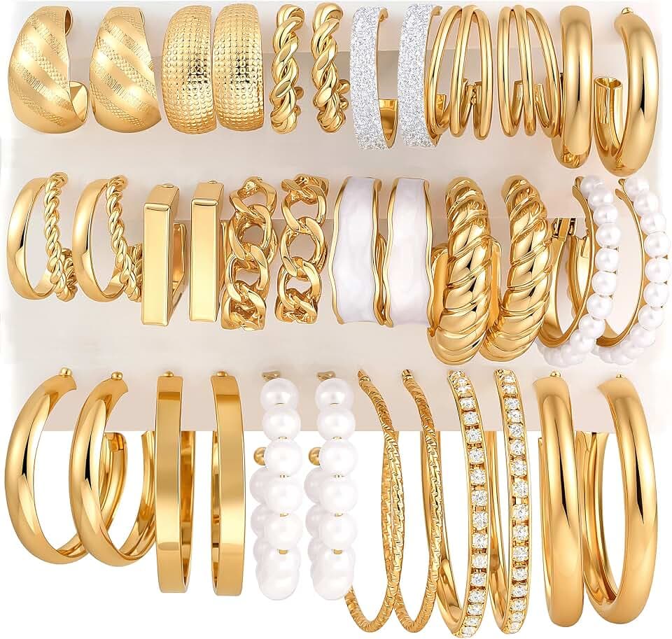 18 Pairs Gold Hoop Earrings Set for Women, Multiple Styles Fashion Jewelry