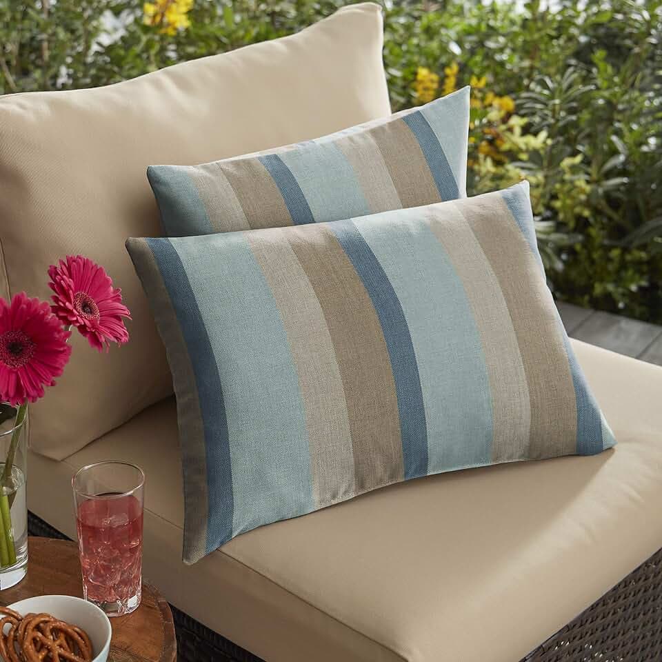 1101 Design Indoor/Outdoor Sunbrella Lumbar Pillows, Set of 2, 14 x 24, Blue & Taupe Stripes