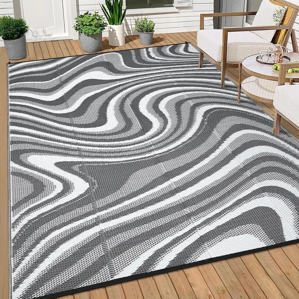 GarveeHome Porch Rugs Outdoor Waterproof 9x12 Outdoor Camping Rug, Neutral Striped Plastic Straw Rugs with Portable Bag, Reversible UV Resistant Outside Rug for Camper Picnic Backyard Deck, Black Grey