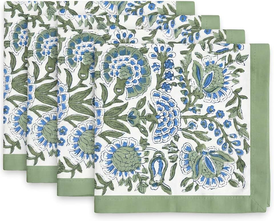 ATOSII Clover Blue 100% Cotton Fall Cloth Designer Dinner Napkins, Handblock Print, Washable Durable Linen for Everyday Use Weddings Parties Outdoors Easter I 20 X 20 Inches I Set of 4
