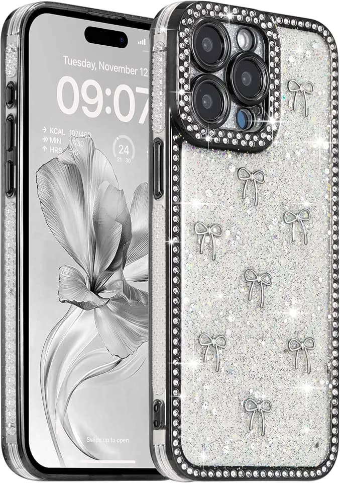 FABSPARK Clear Case for iPhone 16e/17e,Glitter 3D Bow,Black/Silver Bow