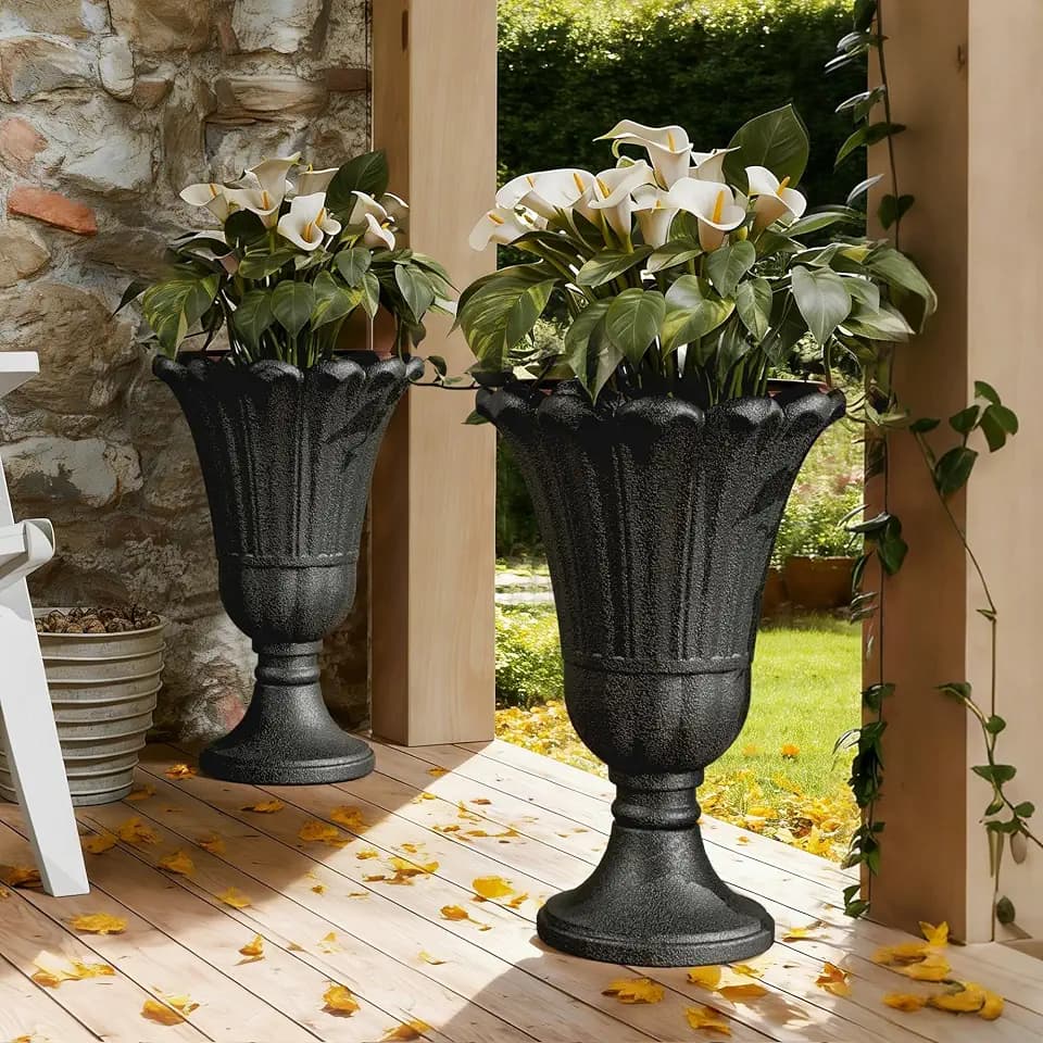 24" Tall Urn Planters for Outdoor Plants, Urns and Pedestal, Black