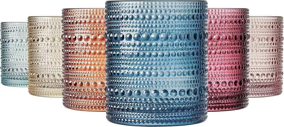 Khen Beaded Tumbler Drinking Glasses Set | Set of 6 | Fall & Holiday Decor Vintage Hobnail 11 OZ Muted Bubble Design Whiskey Glassware, Old-Fashioned, Embossed Design Glass for Water, Wine, Cocktail