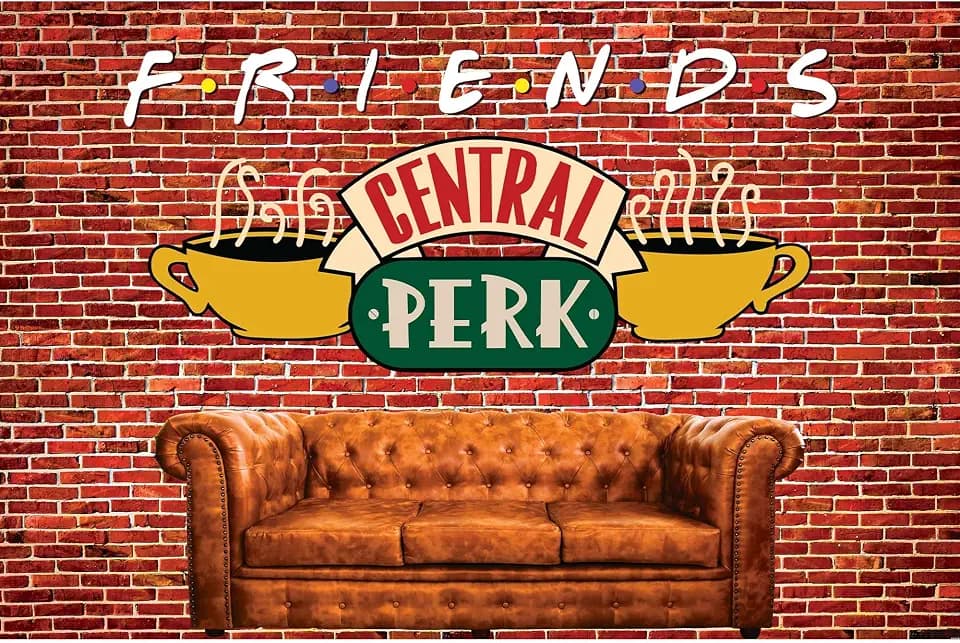 9x6ft Central Perk Friends Party Backdrop Red Brick Wall Retro Pub Sofa and Coffee Photography Background for Adult Birthday Ball Party Decorations Portraits Photoshoot SK6247F
