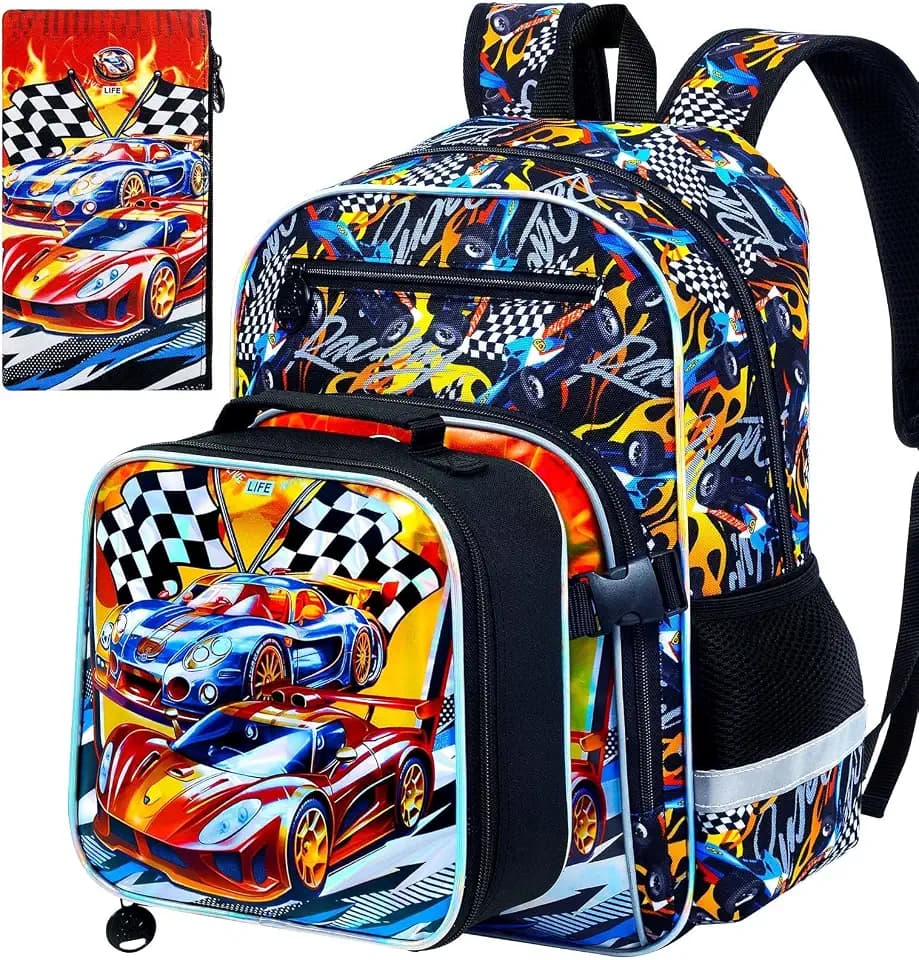 16" Race Cars Backpack for School, 3Pcs Boys Bookbag with Lunch Box, Kids Backpacks Set for Elementary Preschool Kindergarten (Fire)