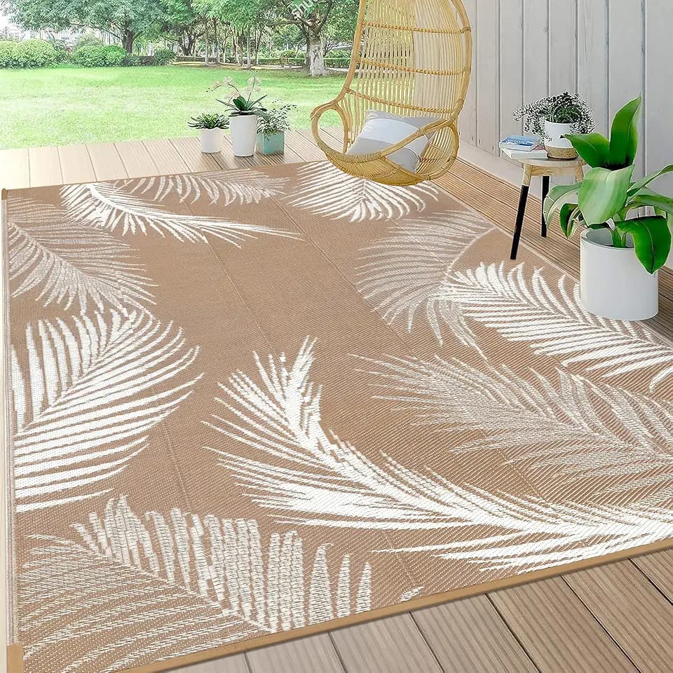 Pauwer Waterproof Outdoor Rug 6x9, Plastic Straw Patio Mat, Leaf Brown