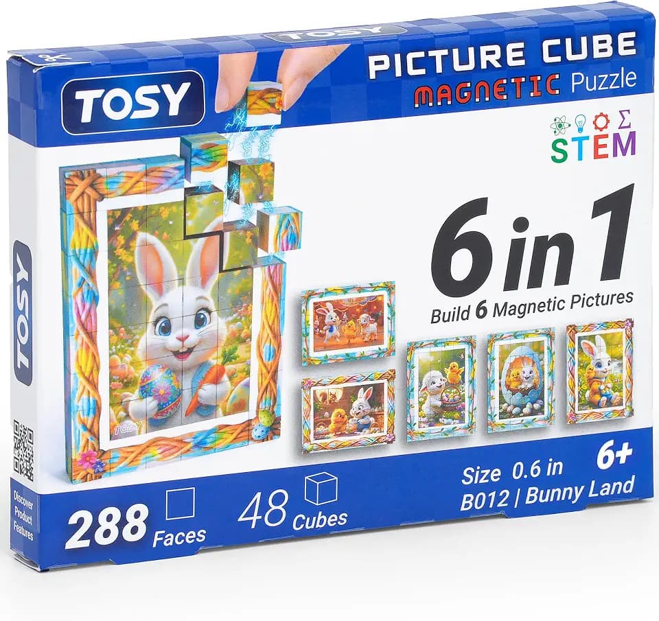 TOSY Picture Cube Bunny Land: 6-in-1 Magnetic Picture Puzzle, 48 Blocks, 288 Puzzle Faces, 0.63 in, B012, Seamless UV Art, Display-Ready Frame, Collectible, STEM/STEAM Gift for Kids & Adults