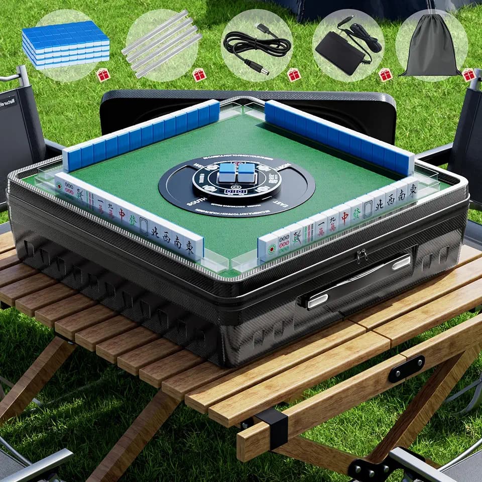 PYY Portable Automatic Mahjong Table - 166 Magnetic Mini Mahjong Tiles, Foldable Tabletop Design, (Incl. 8 Extra Flower Tiles, 4 Blank Spares, 2 Extra Jokers), Supports American & Chinese Styles