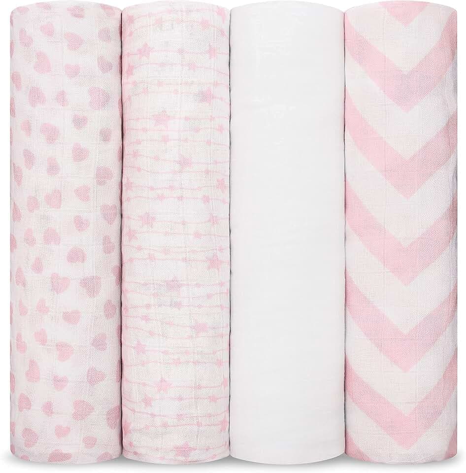 Comfy Cubs Muslin Swaddle Blankets Pack of 4 - Pink