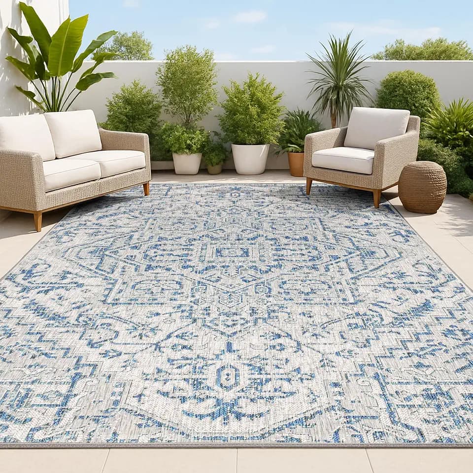 JONATHAN Y Boho Medallion Indoor Outdoor Area Rug 4X6 Navy/Gray, Estrella Textured Weave for Backyard, Patio, Porch, Easy-Cleaning, High Traffic, Pet-Friendly, Non-Shedding (SMB105B-4)