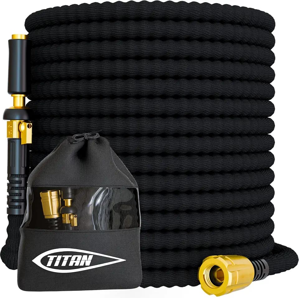 TITAN Flexible Garden Hose 100FT – Ultra Lightweight, Heavy Duty Water Hose with Brass Fittings & Jet Nozzle – Kink-Free, Non-Expanding, Durable Fabric Hose for Yard, Lawn, Car Wash, Outdoor Use