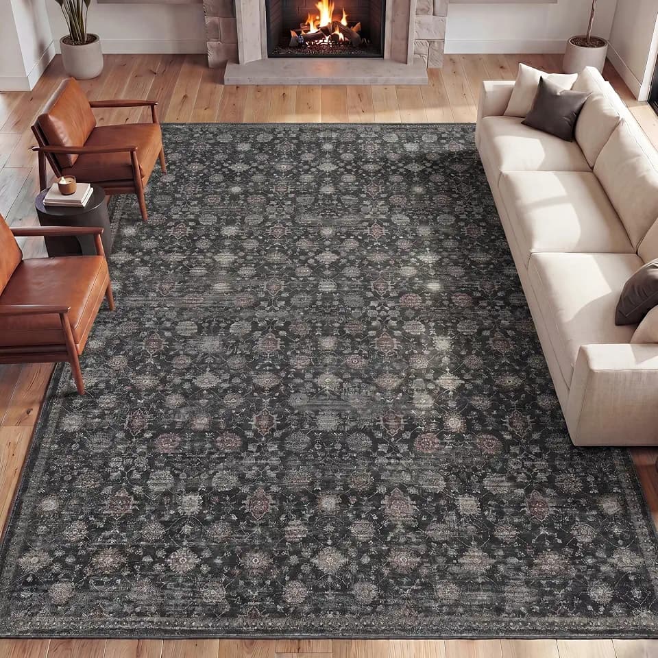 JONATHAN Y Patina Washable Petunia Polyester Machine Washable Area Rug, Charcoal and Red, 9' X 12' Vintage Traditional with Distressed Floral Border for Living Room PTN102B-9
