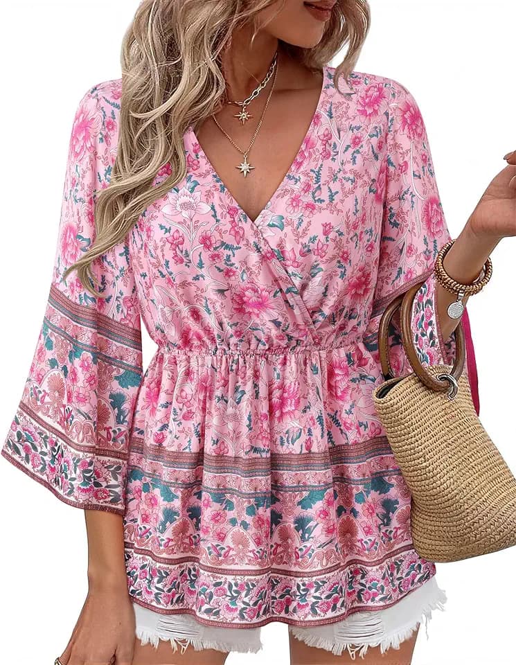 Bebonnie Womens 3/4 Sleeve V Neck Boho Dressy Casual Peplum Blouses Elastic Waist Tunic Tops