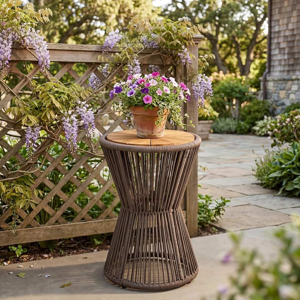 Christopher Knight Home Nara 25.8" Acacia Wood Outdoor Side Table, Hourglass Shaped with Metal Frame+Woven Rope, Outdoor Coffee Table, Garden Plant Stand Indoor, No Assembly Needed, Dark Grey+Teak