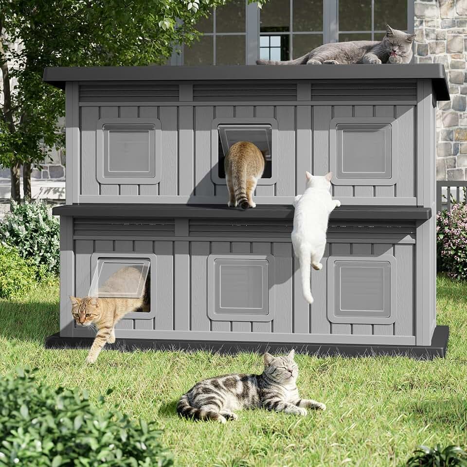 Weatherproof Outdoor Cat House for Feral Cats, 2 Storey Insulated Outdoor Cat Shelter with Escape Door, Sturdy Resin Outside Cat House for Garden