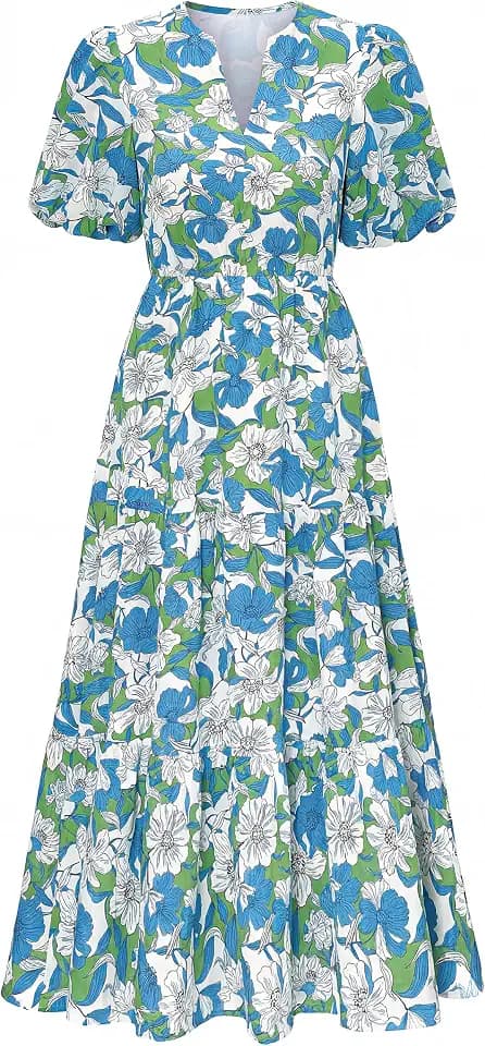dowerme Women Summer Puff Short Sleeve Floral Boho Tiered Ruffle Maxi Dress
