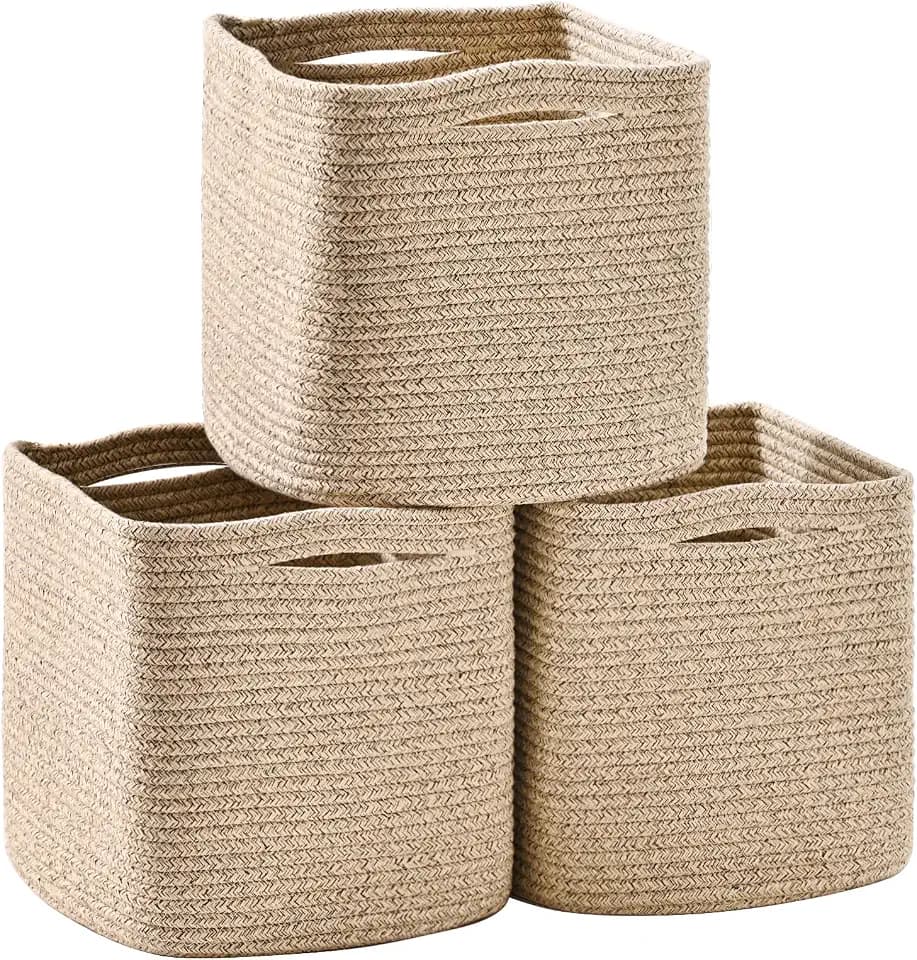 ICERZCZ 11 Inch Cube Storage Bins, Woven Baskets, Mixed Brown, Pack of 3