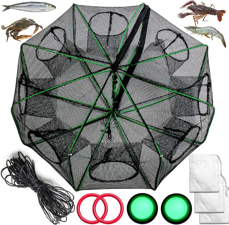 Fishing Bait Traps Crab Minnow Trap, 2PCS Foldable Fish Net for Blue Crabs Lobster Shrimp Crawfish with Rope and Crabbing Equipment, 8 Holes