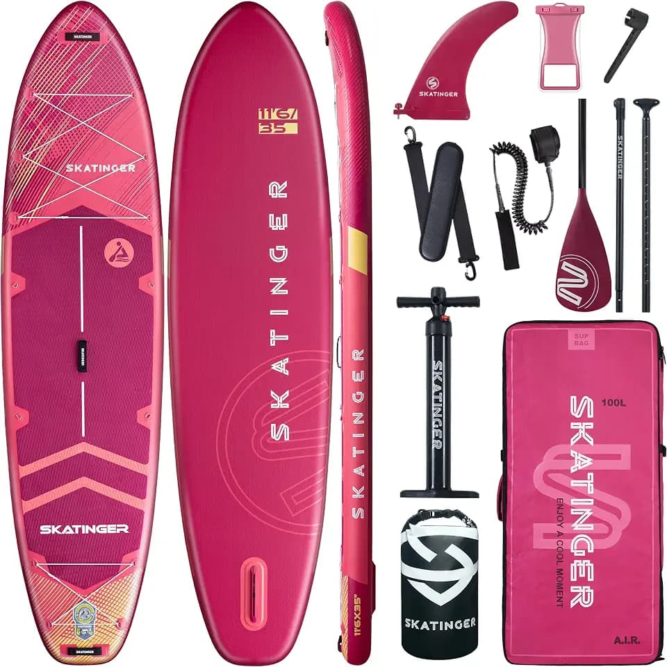 Skatinger 11'6×35" Super Wide Inflatable Paddle Board, Ultra Stable Stand Up Paddleboards for 450lb/3 People/Family/Big Size w/Shoulder Strap, 100L Backpack, Ultra-Light All-Round Sup Board