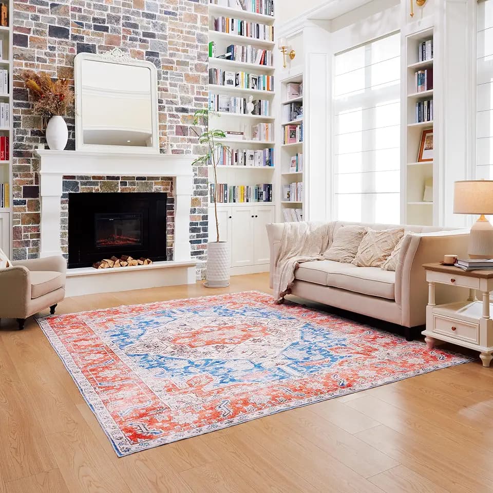 Machine Washable Rug - Medallion Boho Oriental Rug - Colorful Soft Rug for Living Room, Bed Room, Family Room and Beyond - Modern Boho Rug - Blue and Orange - 8x10