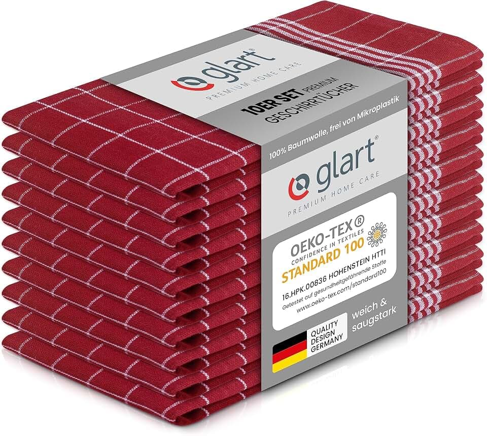 Glart 48RI2 Küchentücher 10er Set 50x70 cm, 100% Baumwolle, rot, Oeko-TEX | OEKO-TEX Standard 100 zertifiziert, fusselfrei, waschbar, vorgewaschen, aus 100% Baumwolle, für Küche und Abwasch