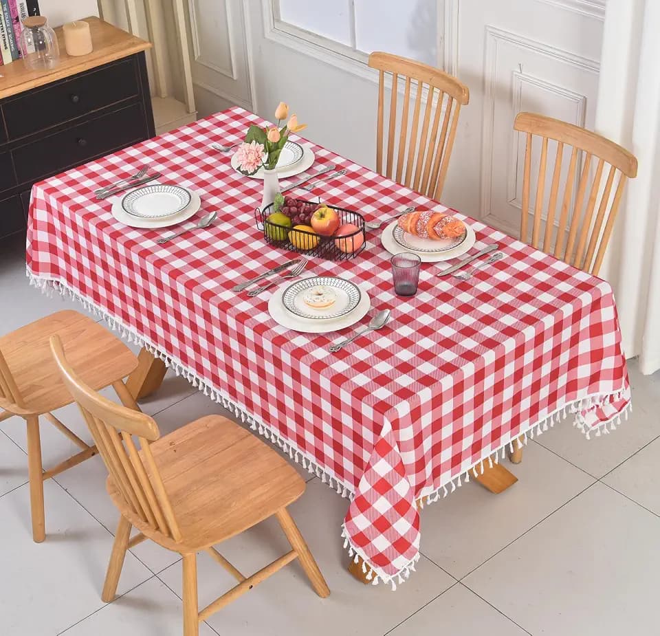 Tassel Checkered Table Cloth 58x102 Inch Long Rectangle - Farmhouse Rustic Fringe Plaid Tablecloth, Waterproof Gingham Buffalo Oblong Table Cover for Dining Room Large Tables