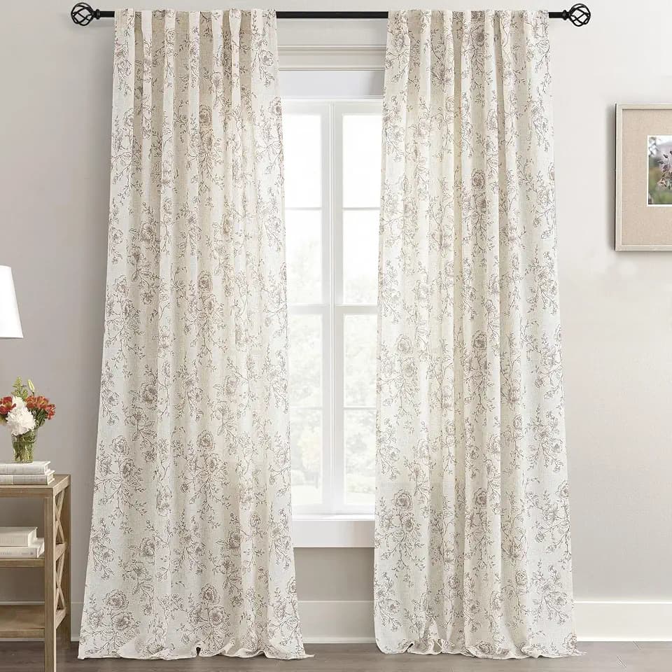 Coffee Floral Curtains 102 inch Length Back Tab Farmhouser Living Room Light Filtering Curtains Coffee Pattern Print on Cream White Linen Curtain Minimalist Aesthetic Sketch Style Vintage Room Decor
