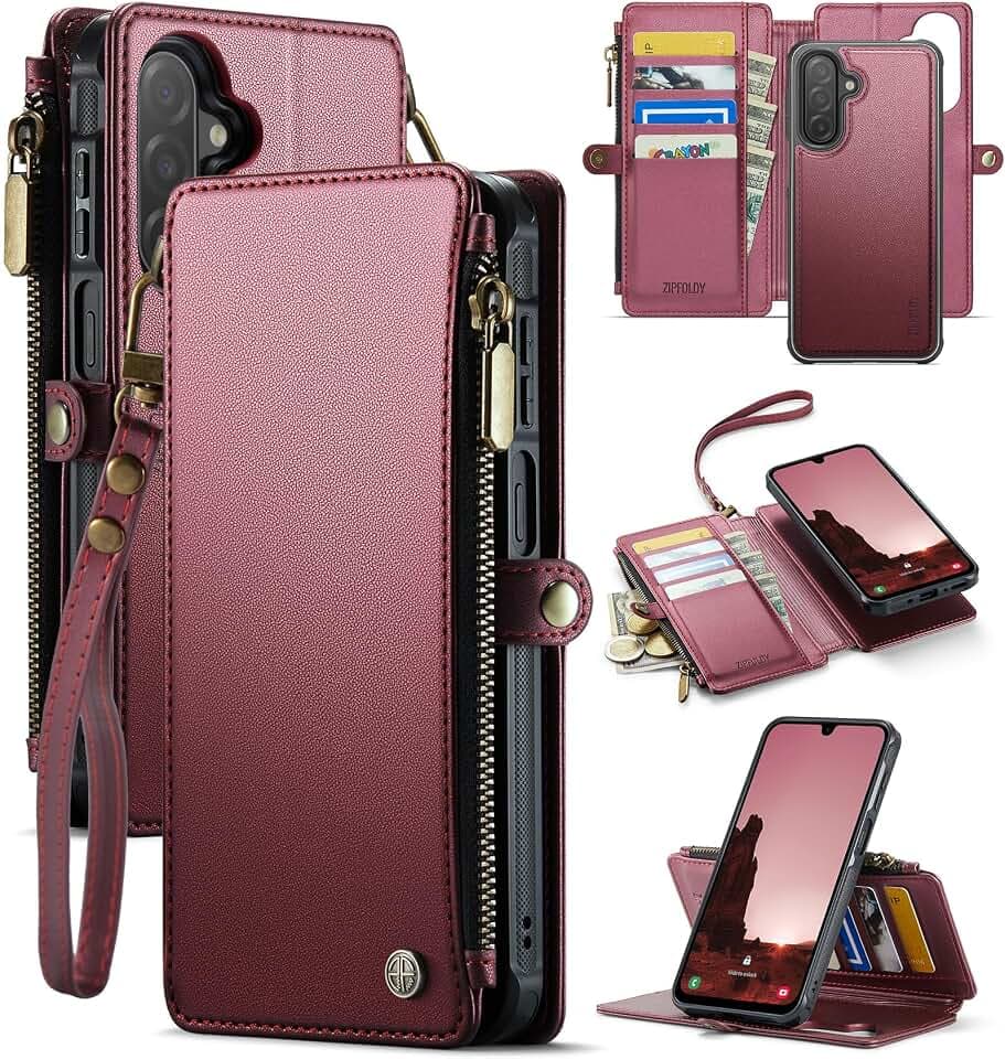 for Galaxy A17 5G Phone Case Wallet Magnetic Detachable, Burgundy