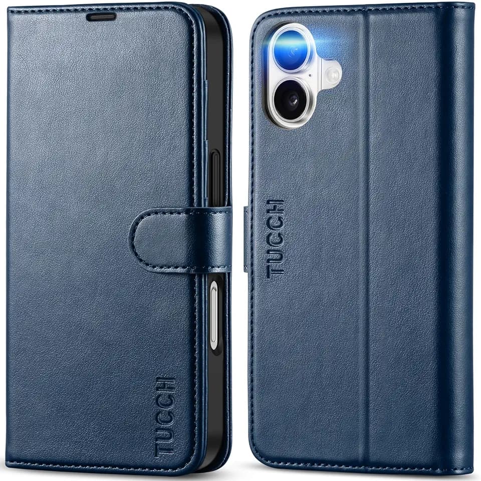 TUCCH Case Wallet for iPhone 16 (6.1") 2024, RFID Blocking Folio, Dark Blue