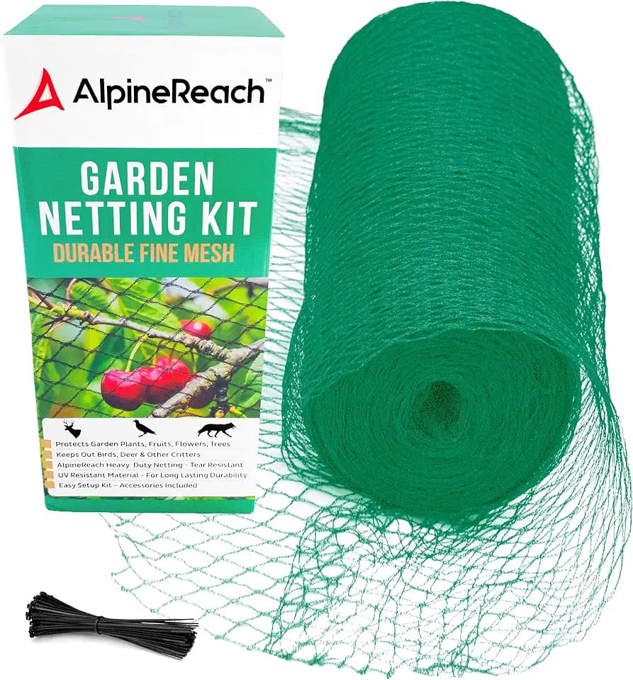 AlpineReach 2m x 30m Vogelschutznetz Gartennetz Feinmaschig (15 x 15mm) Extra Stark Gewebtes Netz, Vogelnetz, Obstbaumnetz, Katzennetz, engmaschig Laubnetz, Kabelbinder, Wiederverwendbar, Grün