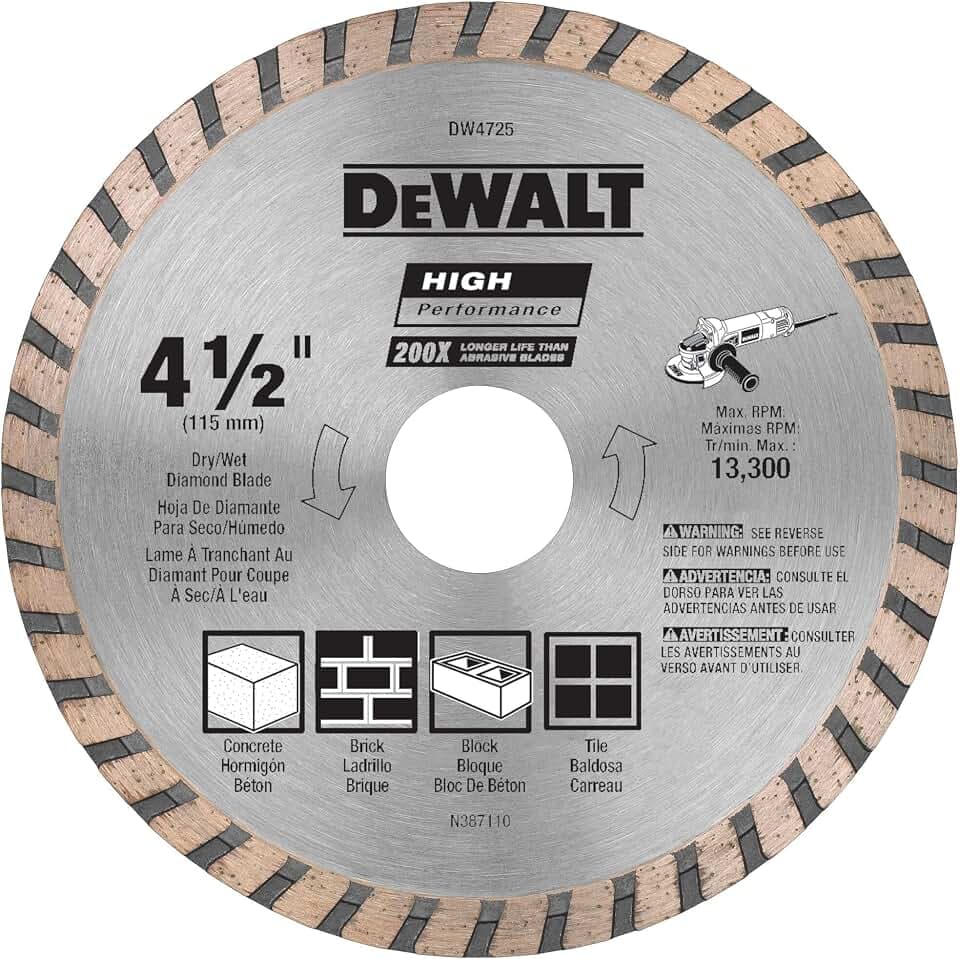 DEWALT Diamond Blade for Masonry, Dry Cutting, Continuous Rim, 7/8-Inch Arbor, 4-1/2-Inch (DW4725)