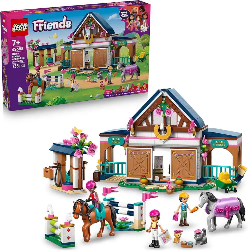 LEGO Friends Pferdestall und Reitschule - Lern-Spielset mit 3 Mini Puppen, 2 Pferdefiguren, einem Hundewelpen & Pflegezubehör - Geburtstagsgeschenk für Mädchen ab 7 Jahren - 42688