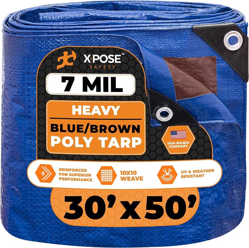 Xpose Safety 30’ x 50’ Heavy Blue/Brown Tarp - Waterproof - 7 Mil Weatherproof Camping Tarp for Tent, Rain, Wind & Sun - Plastic Tarpaulin Cover Outdoor for Roof, Trailer, RV, Car, Boat