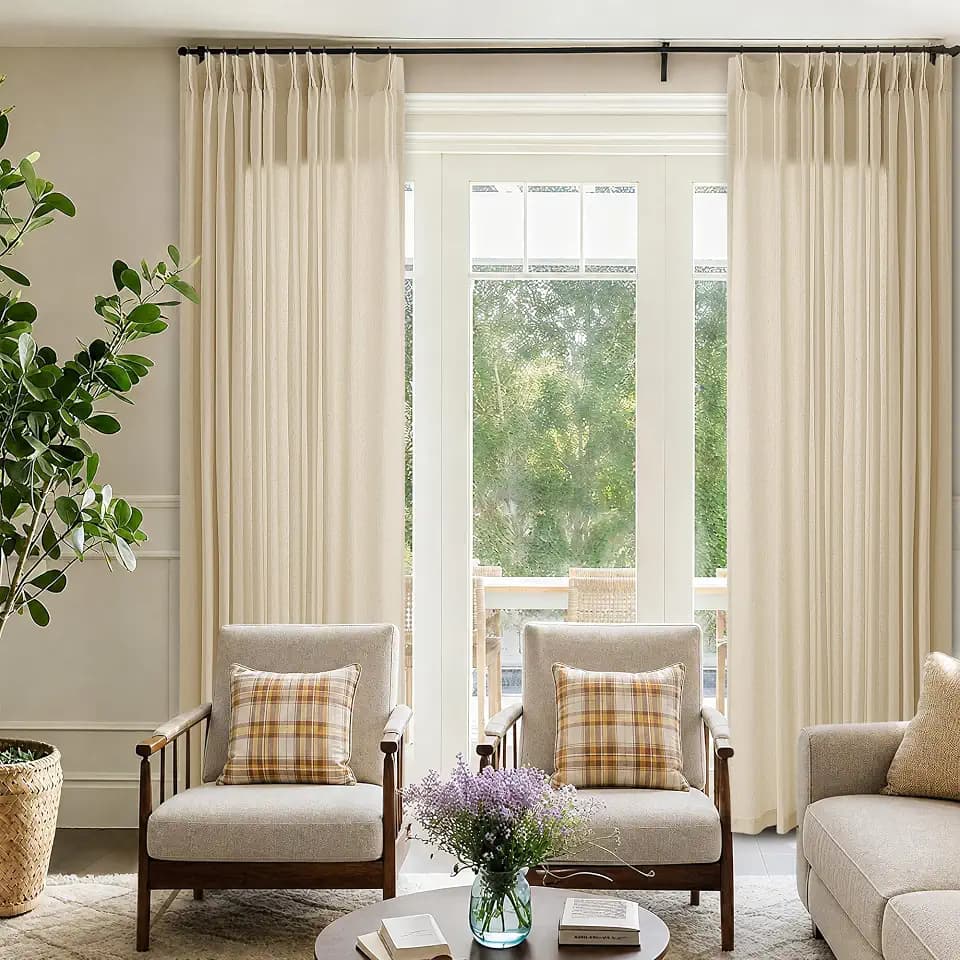 Pinch Pleat 72 x 96 Inch Linen Curtains Extra Wide Beige Semi Sheer