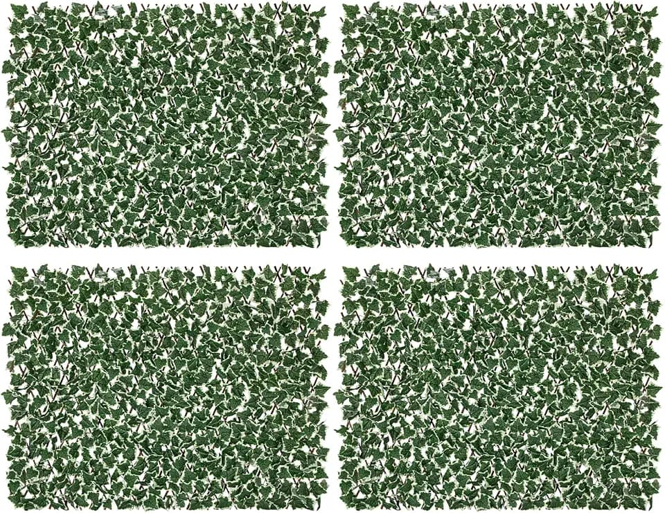 Expandable Fence Privacy Screen for Balcony Patio Outdoor, Greenery Expandable Stretchable Covers Panel Privacy Fence, Single Sided Leaves (Green White Ivy, 4 Pack)
