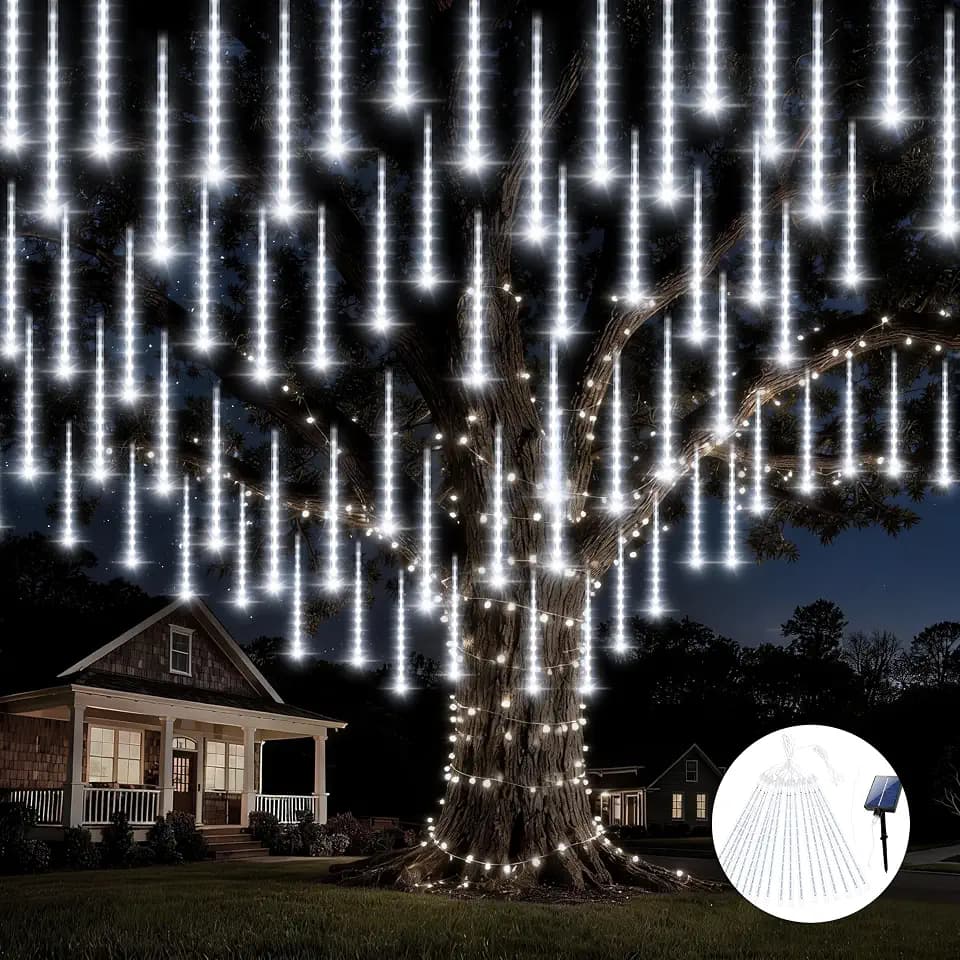 EXF Solar Meteor Shower Lights 16 Tubes Christmas Lights Outdoor Cool White