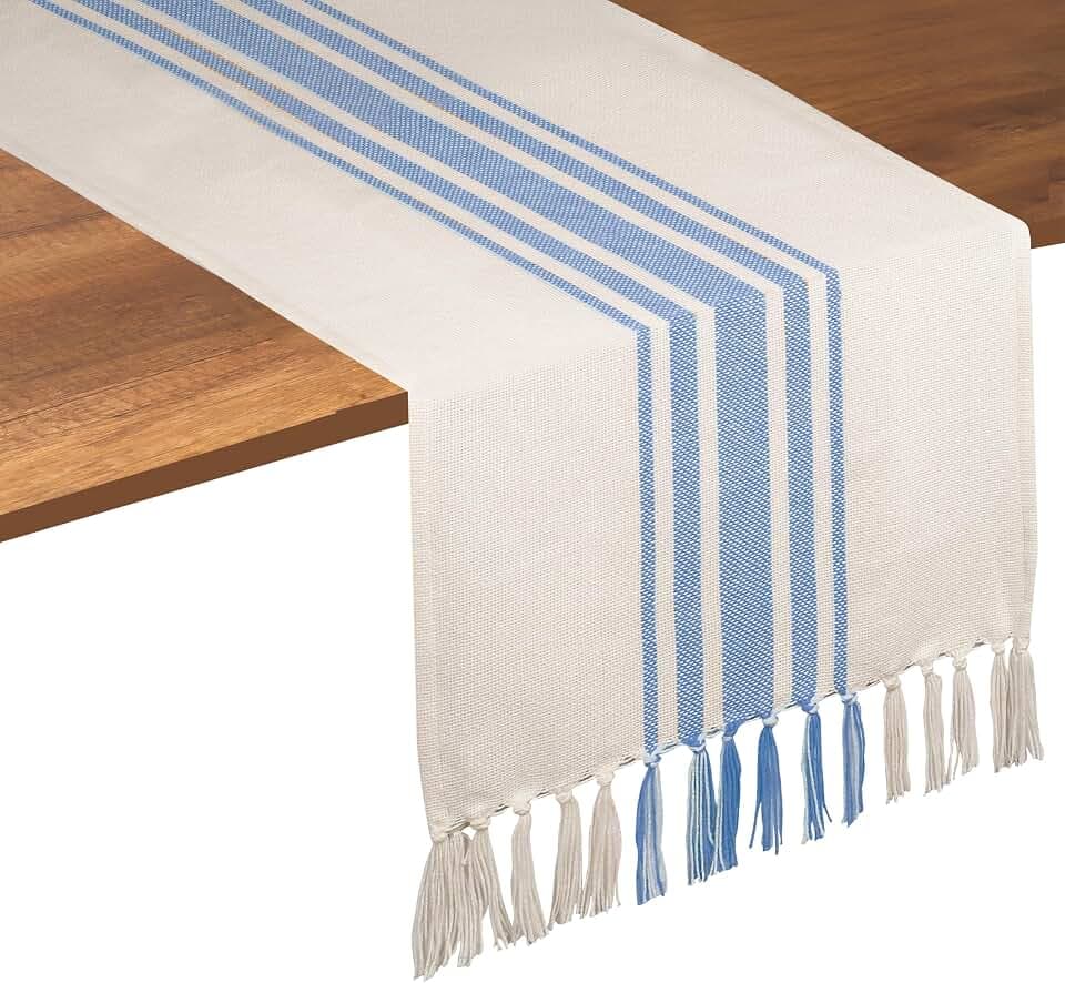 Native Fab Stripe Table Runner - 90 Inches Long Boho Table Covers with Tassels - 100% Cotton, Tight Weave, Non Slip Tablerunner for Dining, Kitchen, Dresser, Wedding, 14"x90" - Light Blue & White