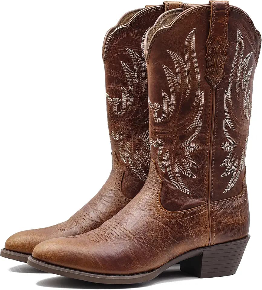 Palitutu Cowboy Boots for Women Pointed Toe Western Boots Mid Calf Cowgirl Boots Pull On Embroidered Full Grain Leather(PLT203612-8B-Brown)
