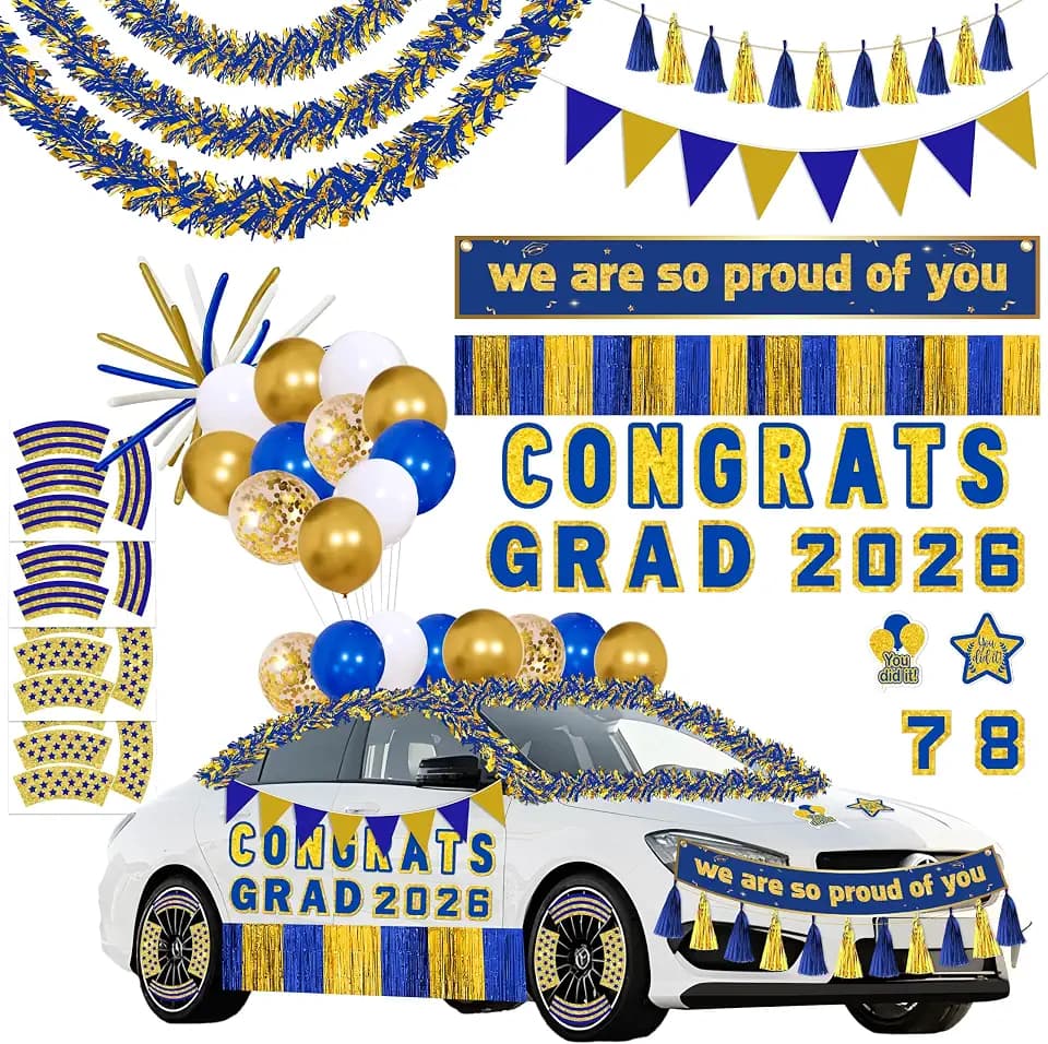 58pcs Graduation Car Decorations 2026 Set – Blue Gold Magnets Tinsel Garlands Banners Balloons Kit for Class of 2026 Party, Parade Float, Indoor Outdoor Hanging Decor