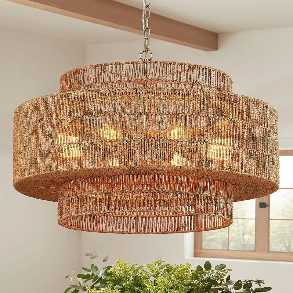 31" Large Gold Rattan Chandelier, 8-Light Hand-Woven 3-Tier Fixture