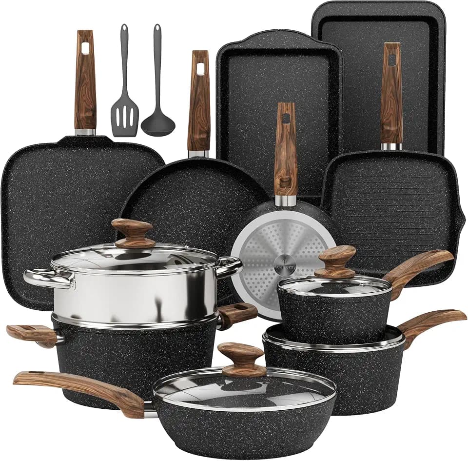 DishDelight Pots and Pans Set Non Stick, 17 Pieces Granite Kitchen Cookware Sets with Nonstick Granite Coating, Induction Cooking Set, Black
