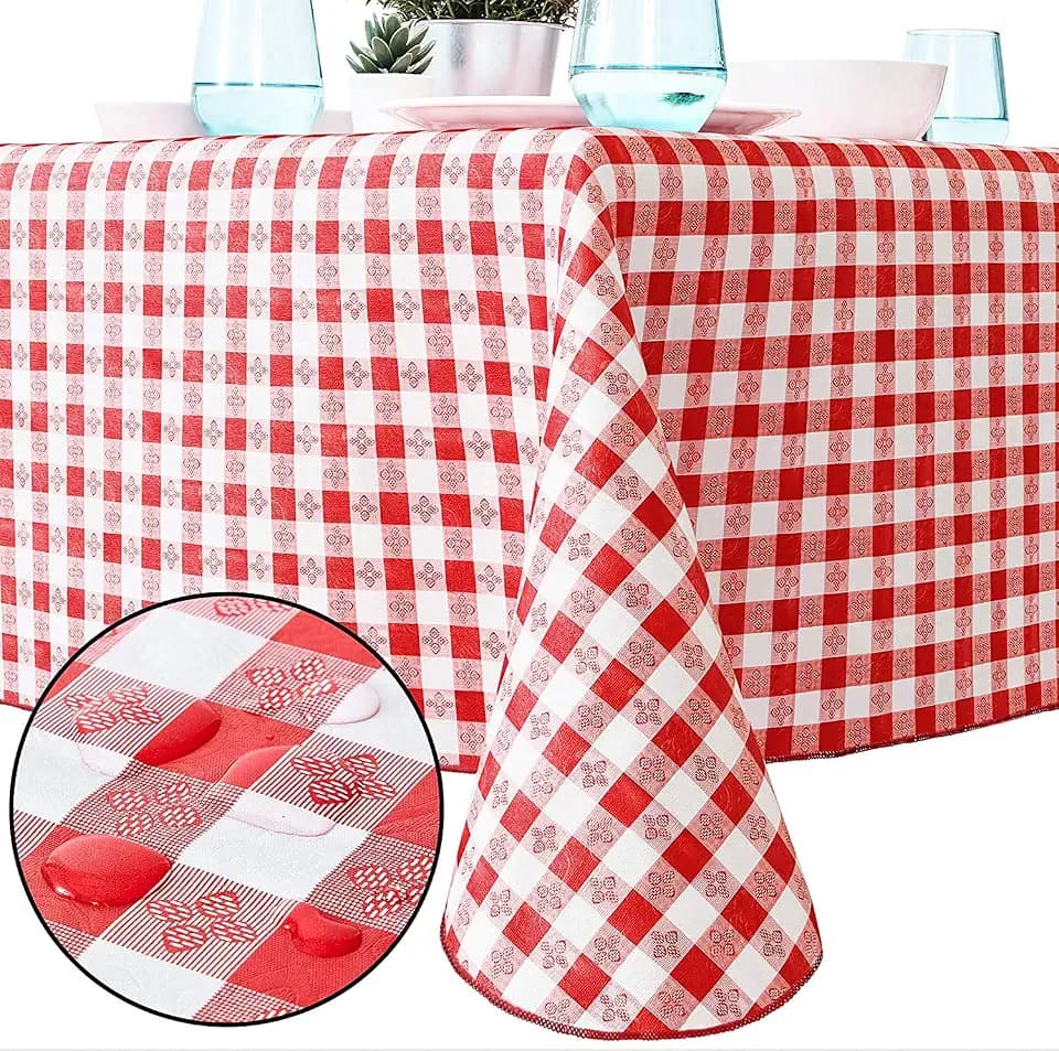 Heavy Duty Waterproof 52x70 Vinyl Tablecloth 1 Pk. Best Wipeable Red Checkered Gingham Table Cloth for Country BBQs Picnics or Card Tables. Great Square Oilproof Table Cover with Flannel Backing.