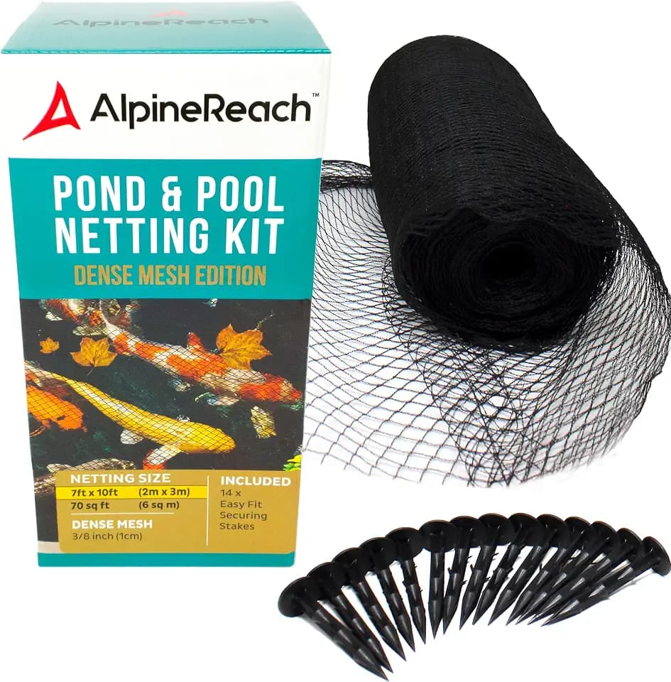 AlpineReach Koi Pond Netting Kit 7 x 10 ft Black Heavy Duty Woven Fine Mesh Net Cover for Leaves - Protects Koi Fish from Blue Heron Birds, Cats & Predators – Reusable & Stakes Included