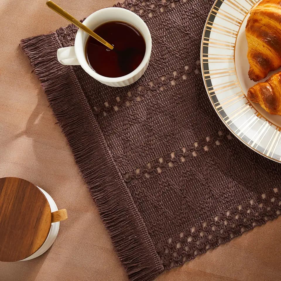 ZeeMart Macrame Style Boho Placemats Set of 6, Chocolate 12x20 Inch