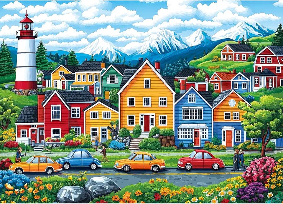 Blueforest 1000 Piece Jigsaw Puzzles for Adults & Seniors - Colorful Coastal Village Lighthouse Puzzle, 27.5"x19.7" Adult Puzzle with Letters on Back, Home Decor Gift