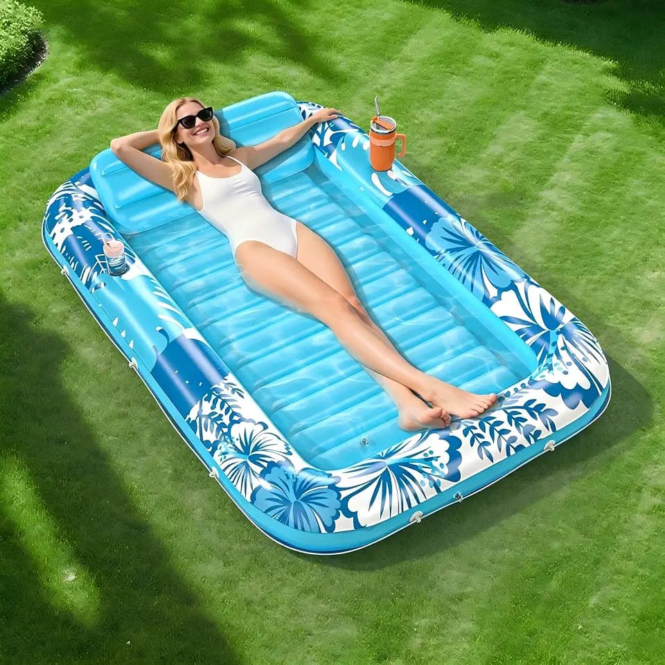 Inflatable Tanning Pool Lounger Float, 70" x 46" Pool Floats Adult with Pillow, 6 in 1 Suntan Tub Raft Floatie, Sunbathing Water Bed Lounge Blow Up Kids Ball Pit Party Gifts-Blue