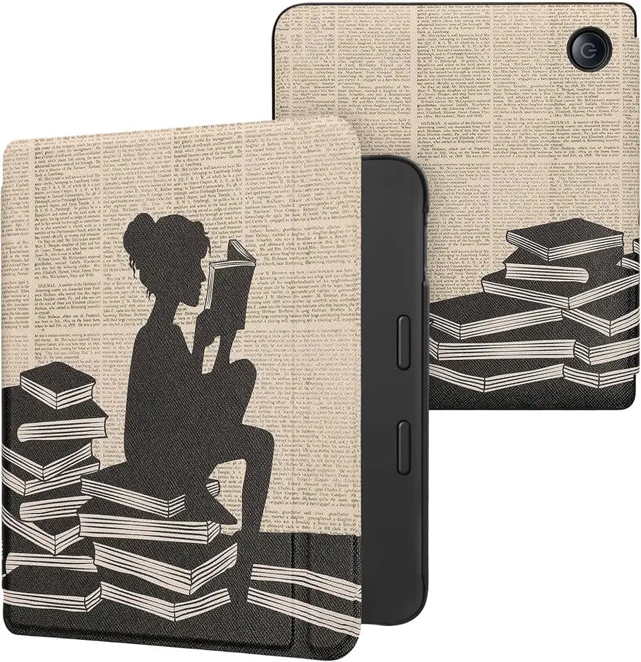 kwmobile Schutzhülle für Tolino Vision 6 Hülle - eReader Flip Case mit Auto Sleep Funktion - Lesende Frau mit Schwarz Beige